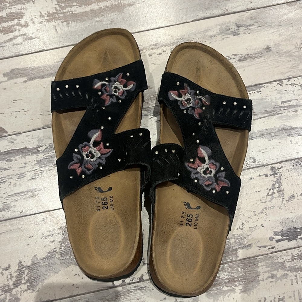 Birkenstock Betula Zara Black Floral Embroidered Vegan Suede Crystal Sandals 9.5 - Picture 4 of 5